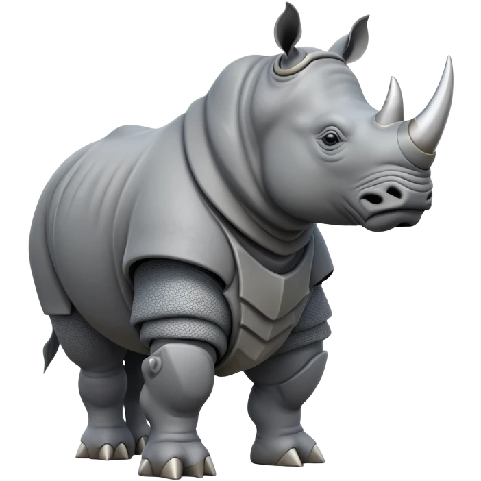 cinematic-rhino-full-body-standing-emoji,slate grey skin -massive-armored-body-poised-powerfully,-thick-horn-curving-slightly-forward,-head-tilted-dramatically,-rough-grey-hide-covered-in-dust,-simplified-focused-features emoji