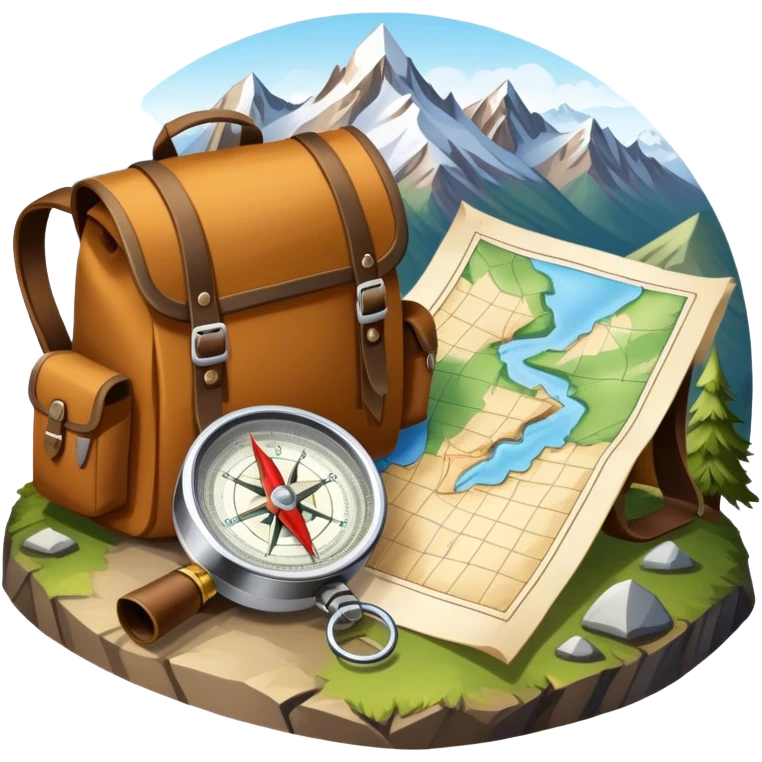 Icon for Expeditions: a compass, a map and a backpack with trekking gear, placed on a rugged mountain terrain with snow-capped peaks. The icon should evoke the spirit of adventure and discovery in remote, unexplored places. Transparent background. emoji