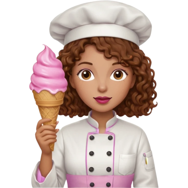 woman brown curly hair, chef, eating pink ice cream emoji