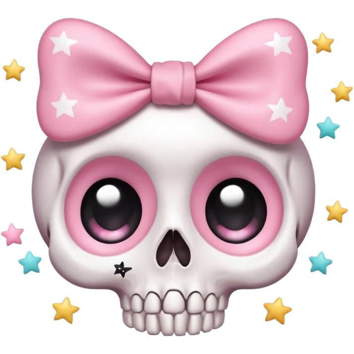 super cute skull with rounder shape, tiny bow on top, big eyes with stars, pastel pink and white colors emoji