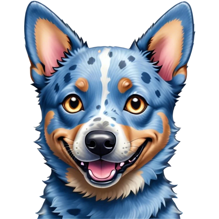 Cinematic Comical Blue Speckle Australian Cattle Dog Portrait Emoji, Head tilted dramatically with an exaggeratedly amused expression, featuring a striking blue speckle Fur with bold patterns, wide, expressive blue eyes filled with playful disbelief, Simplified yet hilariously expressive features, highly detailed, glowing with a slightly sassy glow, high shine, dramatic yet playful, stylized with an air of cheeky charm, bright and endearing, soft glowing outline, capturing the essence of a spirited and over-the-top herder, so meme-worthy it feels like it could side-eye its way into internet fame instantly! emoji