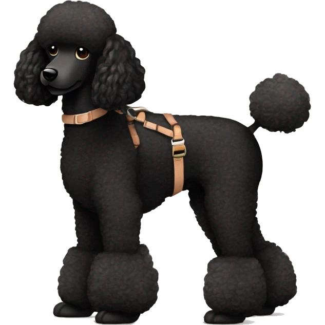 3 legs One Small unshaved Black Poodle with brown harness is walking with a pretty girl emoji