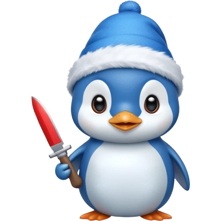 Cute blue pinguin wearing a blue Christmas hat and holding a knife emoji