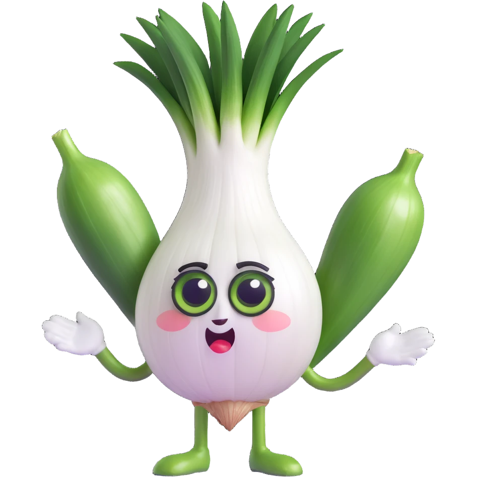 adorable anthropomorphic green onion, 3D chibi style, round white onion body, oversized expressive eyes, green leaves as hair, comically exaggerated crying expression with onion juice tears spraying out, funny dynamic pose, pastel colors, soft textures, high quality lighting, transparent background emoji