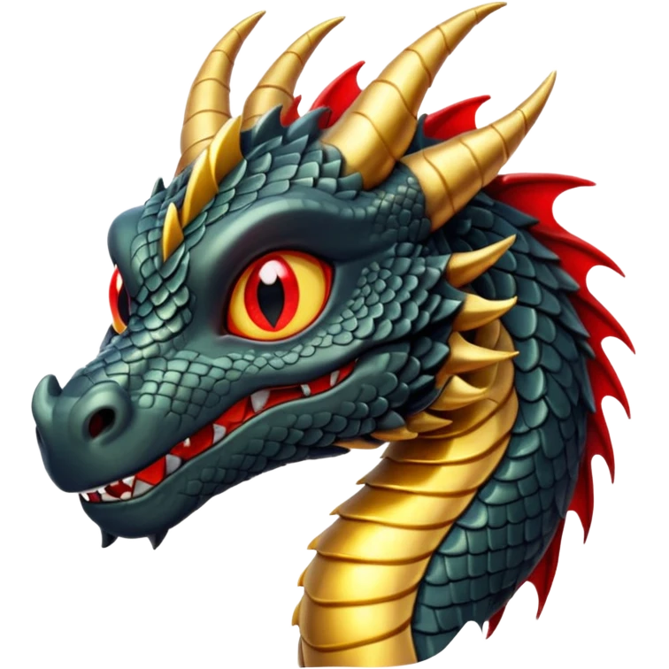 The image depicts a dragon resembling the dragon symbol from ancient Japanese mythology, combining the colors gold and black. It is bright and shiny, with clear colors, and the background of the image is transparent. The dragon embodies these colors, has red eyes, and is complete. emoji