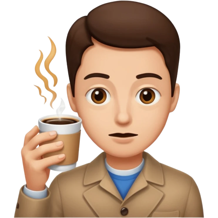 Classic emoji, one eye twitching, holding two coffees emoji