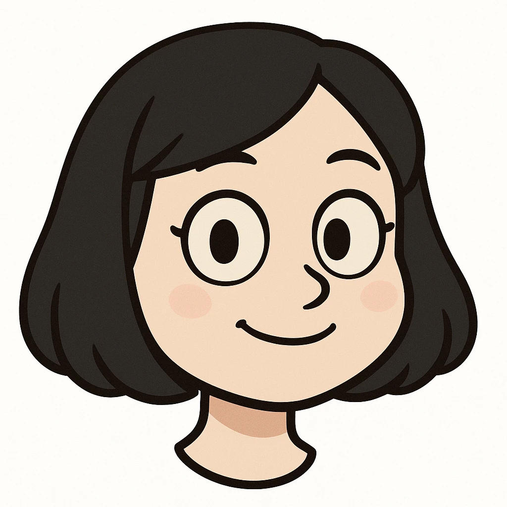young cute girl with pale skin, black bob haircut, light makeup, big simple cartoon eyes, simple soft smile, minimal details, classic Telegram sticker style, head only without neck, white background emoji