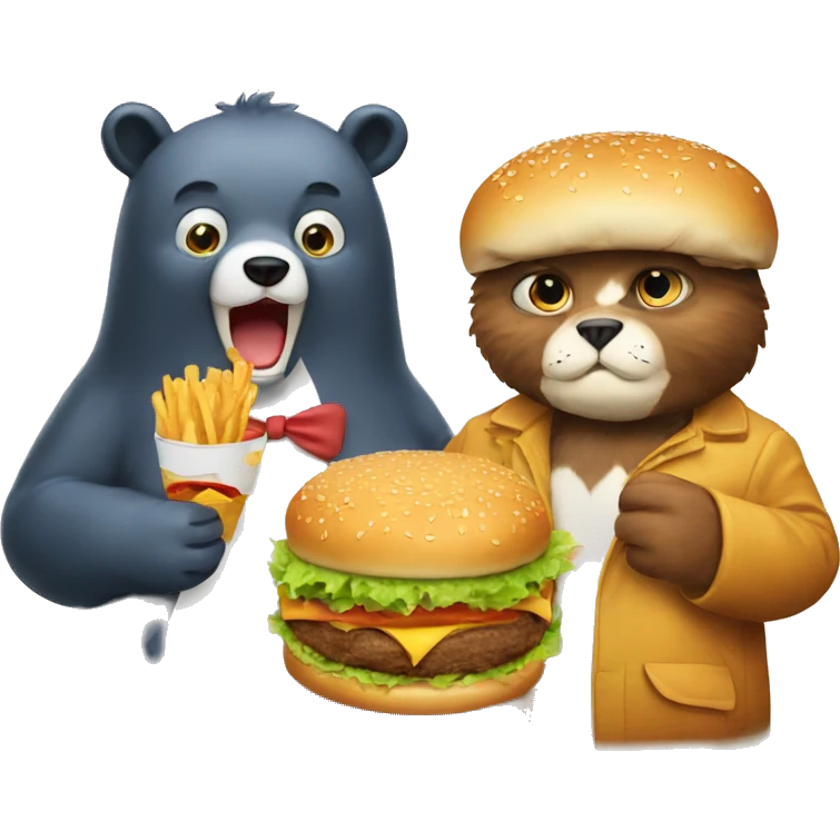 Bear and cat eating burger emoji