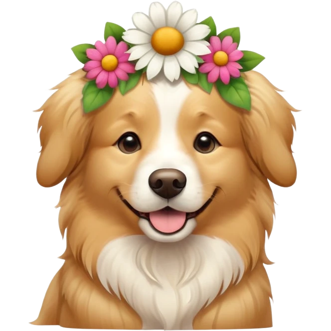 A golden retriever dog with a flowers on head emoji