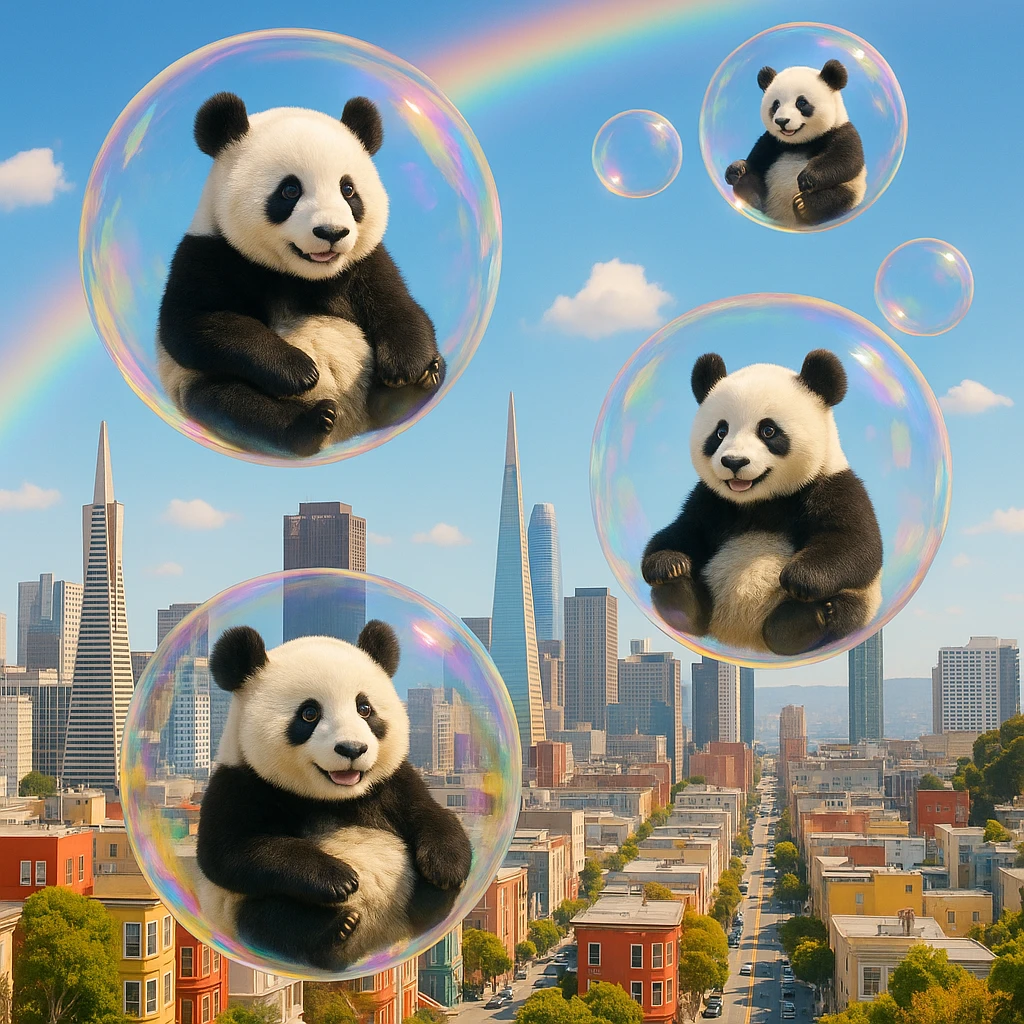 Cinematic still pandas bears sitting inside bubbles flying around San Francisco downtown, sunny summer day, happy vibe, colorfull surround, rainbow emoji