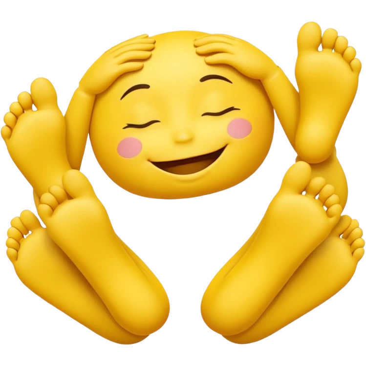 Cute 3D yellow smiley, closed eyes, smile, feet up, hands under chin, white background. emoji