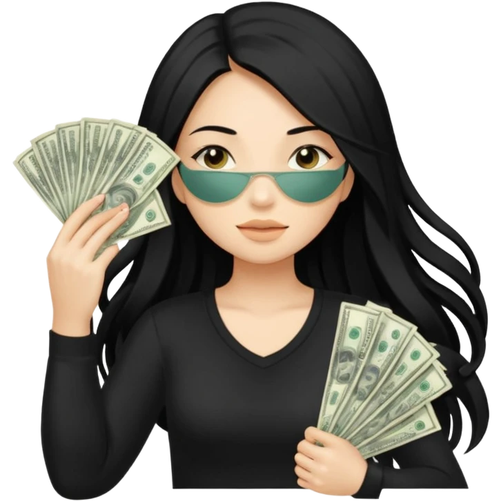 A cartoon-style sticker: a girl with long black hair covers her face with a fan of stacks of dollar bills. She is wearing a black top, and her pose conveys a sense of wealth and slight confidence. emoji
