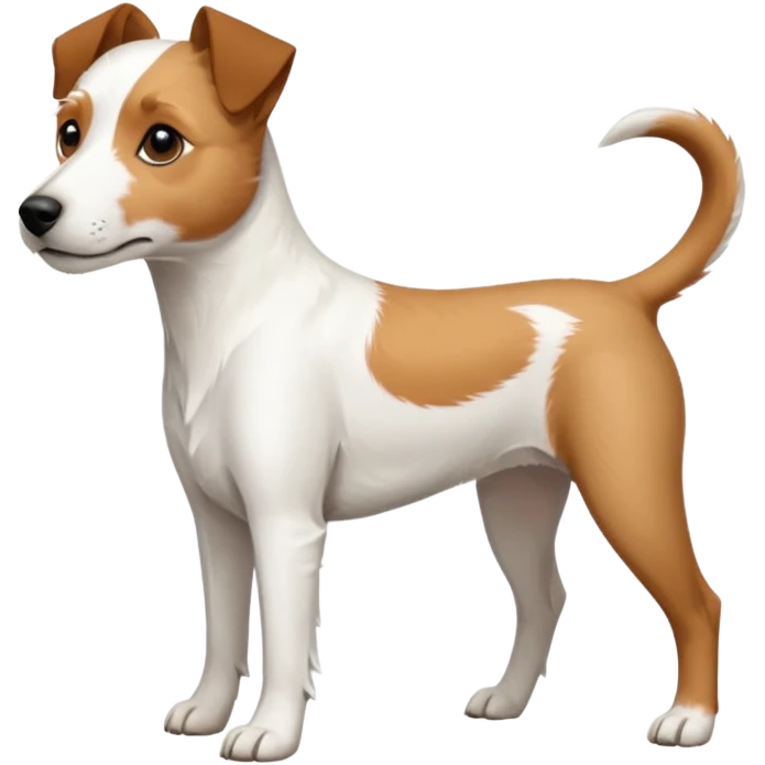 a full body white parson russell looking dog the size of a kelpie with light brown ears and a light brown patch on one eye and a large snout emoji