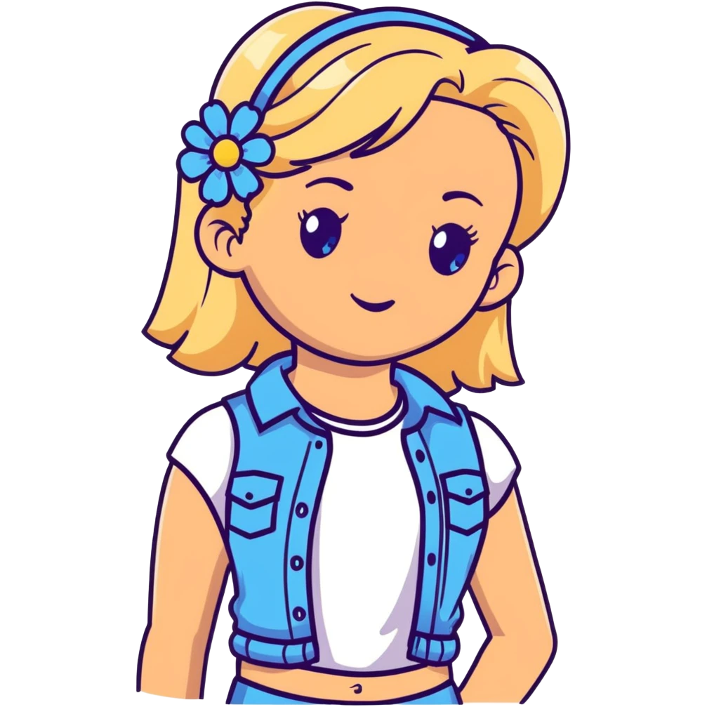 preppy coastal teen girl with blue eyes, beach blonde hair, tan skin, small flowers in her ear, preppy beach outfit emoji