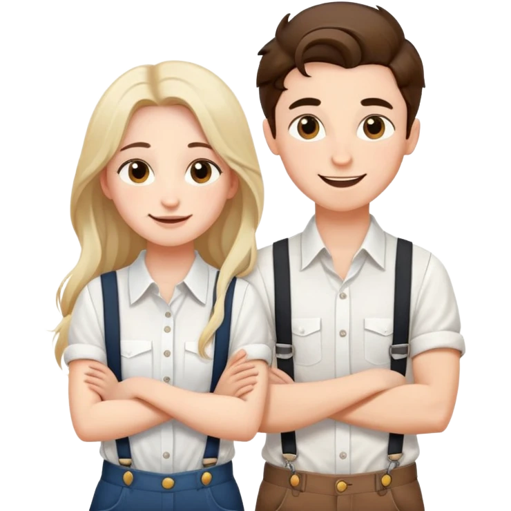 A boy in a white shirt and a girl with long hair and suspenders crossed their arms over their chests - with happy faces emoji