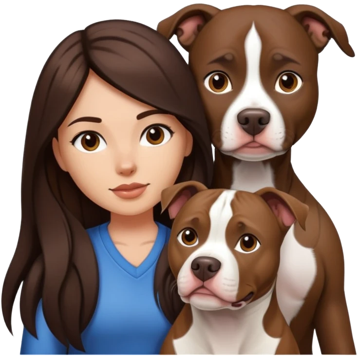 girl with dark brown long hair with her pitbull dog brown and white emoji