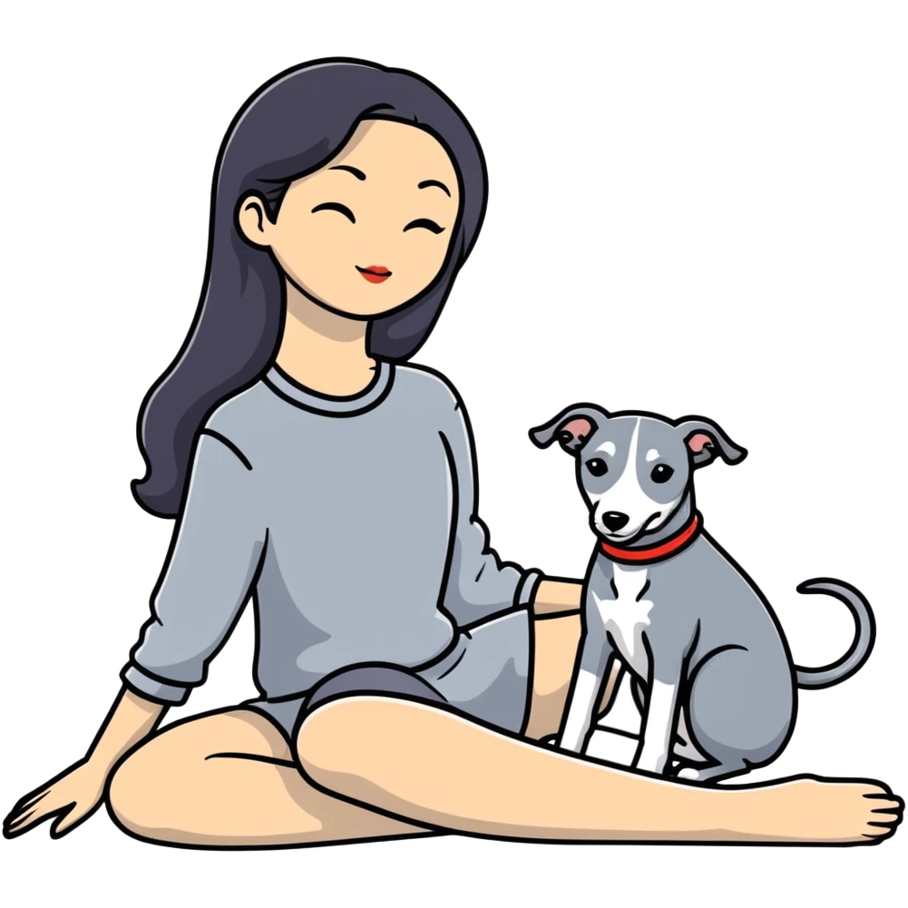 Very thin Chinese woman with long black hair relaxing in a luxurious hotel suite with exactly ONE whippet dog. EXTREME IMPORTANCE: the whippet must be ONE SOLID MEDIUM GREY COLOR (not too dark, not too light) from nose to tail with ABSOLUTELY NO WHITE MARKINGS anywhere - NO white on face, NO white on muzzle, NO white on chest, NO white on paws, NO white on tail - NOTHING BUT A SINGLE SHADE OF MEDIUM GREY throughout the entire animal emoji
