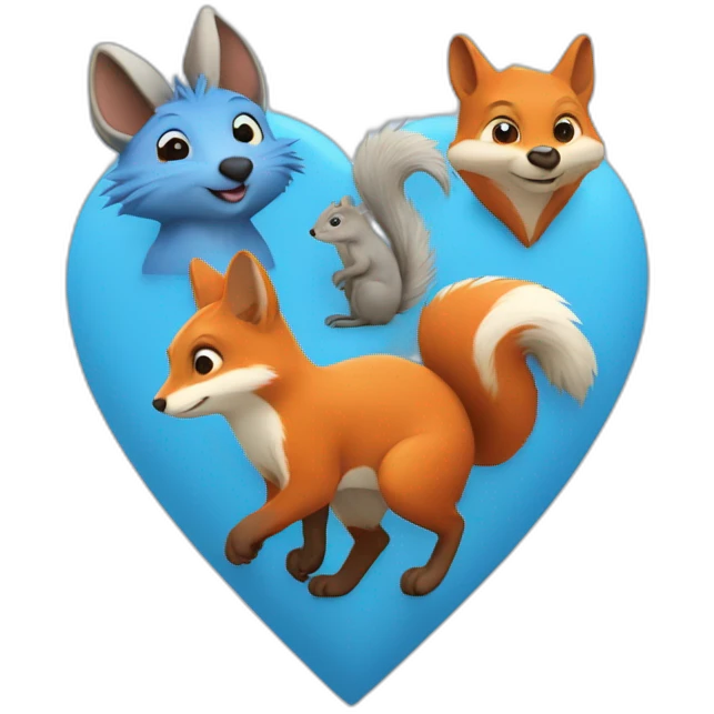 blue heart with fox, squirrel and hedgehog emoji