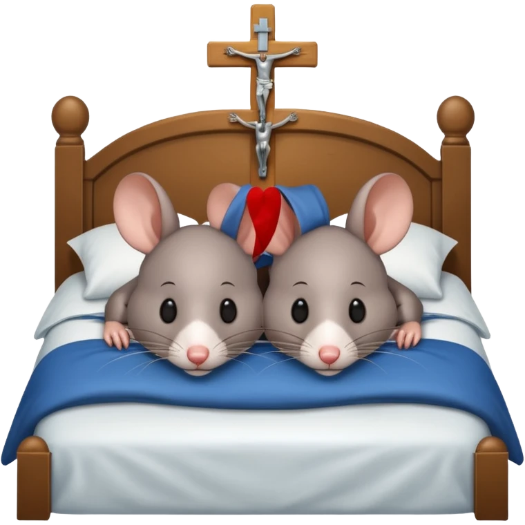 2 rats cuddles together in bed with a crucifix emoji