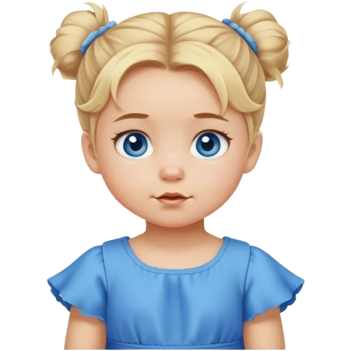 Blond baby girl blue eyes  with messybun  blue dress blue eyes emoji