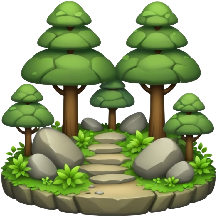 A bright forest clearing with layered bushes and scattered rocks. emoji
