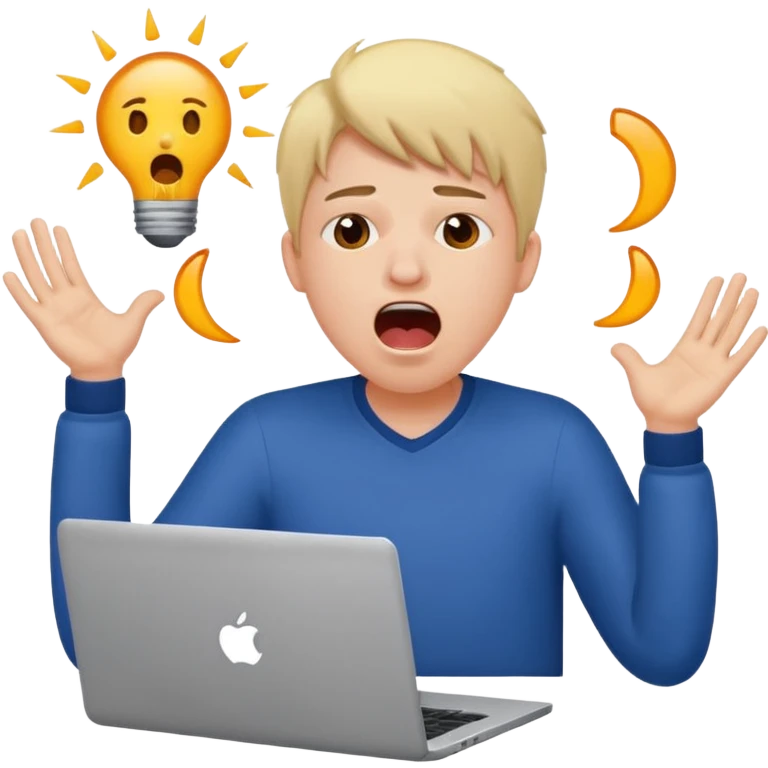 student with laptop, hands up, yawning, tired expression emoji