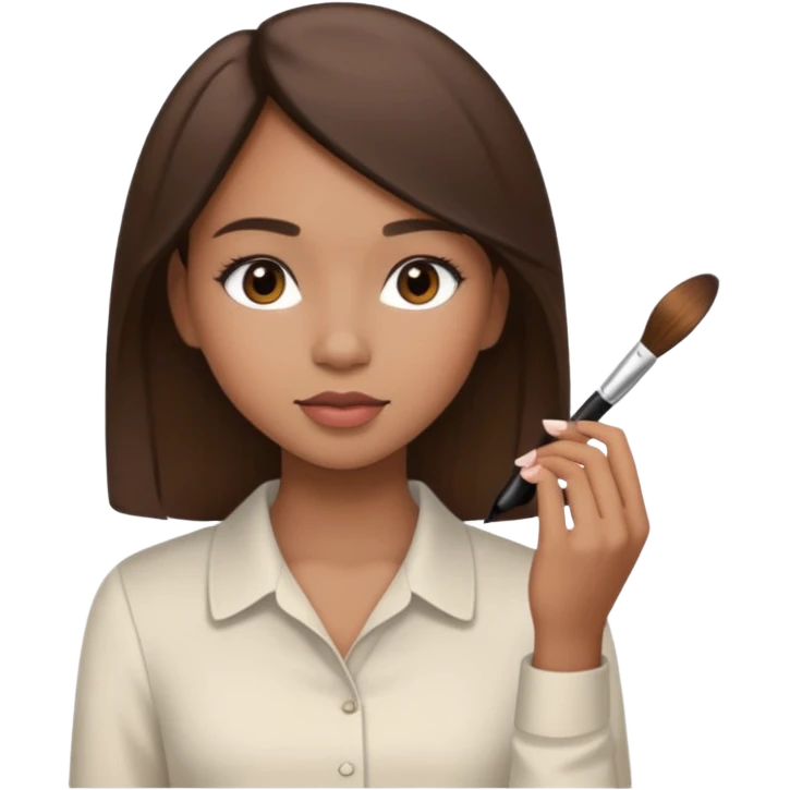 Draw a mixed-race girl applying makeup, wearing a clean girl blouse and with straight brown hair  emoji