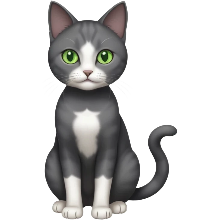 full body view of beautiful female dark grey cat with green eyes, white toes and white patch on chest emoji