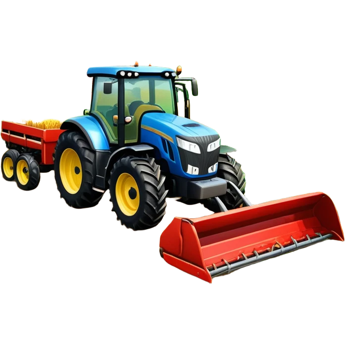 An icon representing a farming simulator, with a detailed tractor with a colorful rural landscape, plowing fields under a bright sky. The design includes farming tools, crops and barns, symbolizing the immersive experience of managing a farm. Transparent background. emoji
