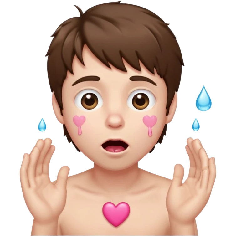 Pale Boy with shaggy brown hair, pink heart shaped eyes looking up , mouth open , water drop dripping from lips, hand grabbing at cheek emoji