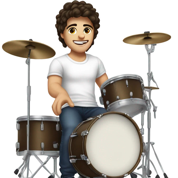 20 year o white boy with fluffy dark brunnette hair playing the drums in a white tshirt emoji