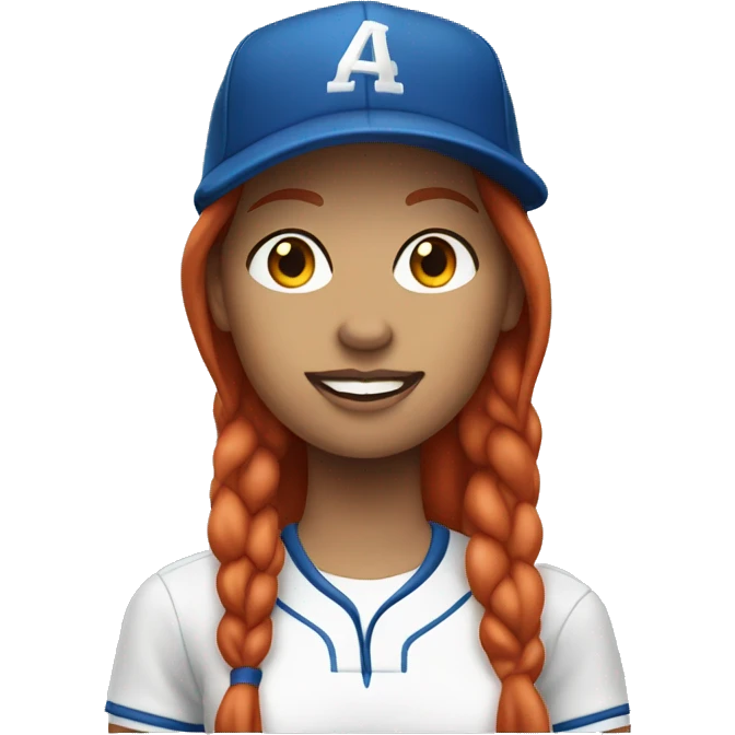 standing up white female coach with long red hair in white t-shirt and with a simple blue baseball hat emoji