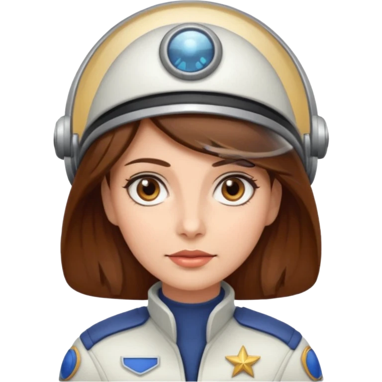 woman with brown hair and brown eyes.  space ship captain with white hat emoji