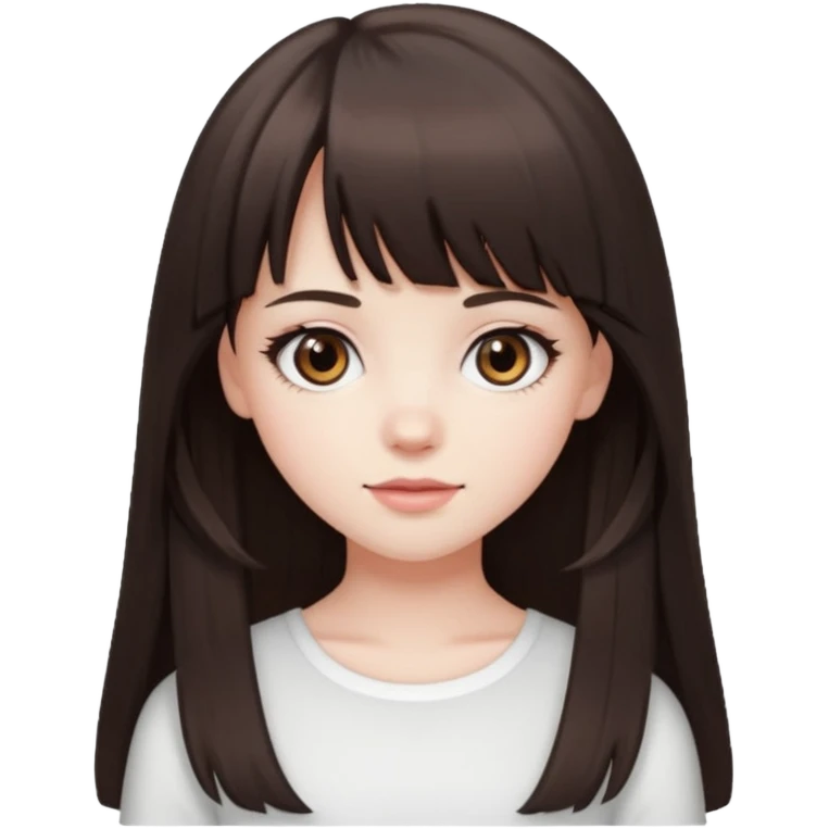 brunette girl with dark brown eyes, pale rosy skin, long hair and wispy bangs and a white top  emoji