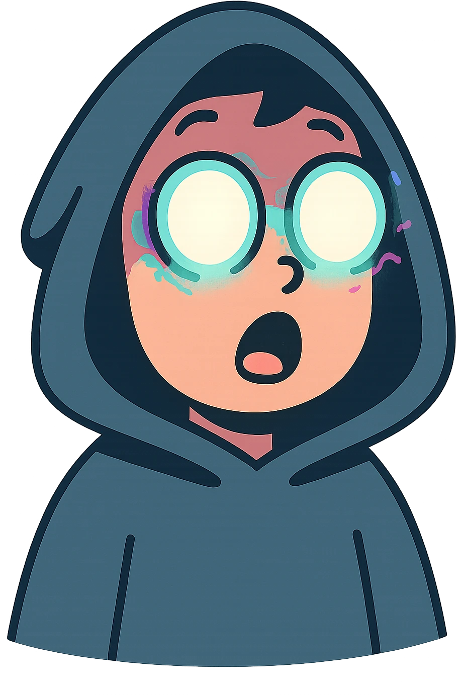 A close-up of a mysterious hooded figure with wide, glowing eyes shining brightly from under the shadow of the hood. The expression looks shocked or amazed, with subtle glitch or aura effects around the eyes. emoji