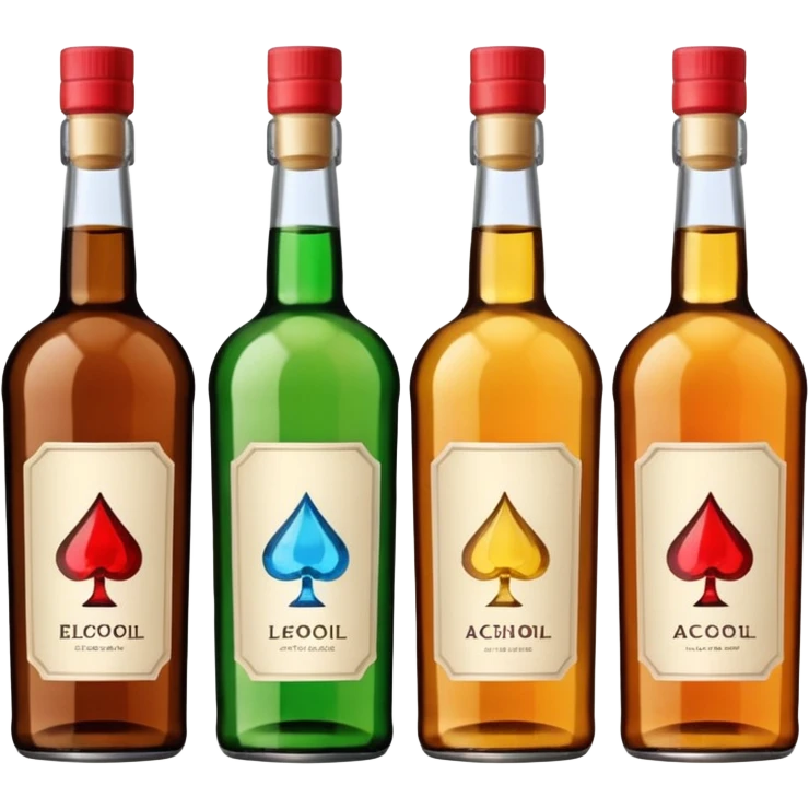 Four bottles of alcohol, each with distinct shapes and labels, arranged neatly in a row. The bottles should vary in color and size, with detailed labels and caps. emoji