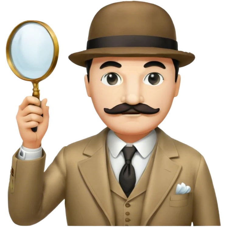 A cinematic-style frame showing Hercule Poirot in his iconic suit, with a magnifying glass, in a dramatic detective pose. Background should be dimly lit with an air of mystery, reflecting the atmosphere of a classic detective film. Transparent background. emoji