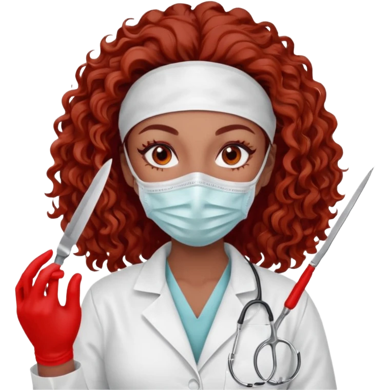 Scary woman scalpel in hand, evil surgeon sexy surgeon clothes.  She has red eyes. Her  brown long curly hair. Wears sexy doctor outfit with red gloves. make her hair free and brown but have mouthy  wear  mask  to hide. Wears white surgeon jacket and  has lon* brown hair. emoji