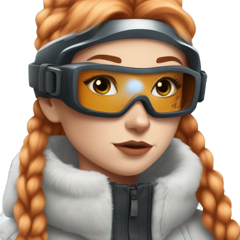 White fair skin, straight hair in a wolf cut, ginger coloured hair, grundge aesthetic, beautiful face, ski goggles on her hair emoji