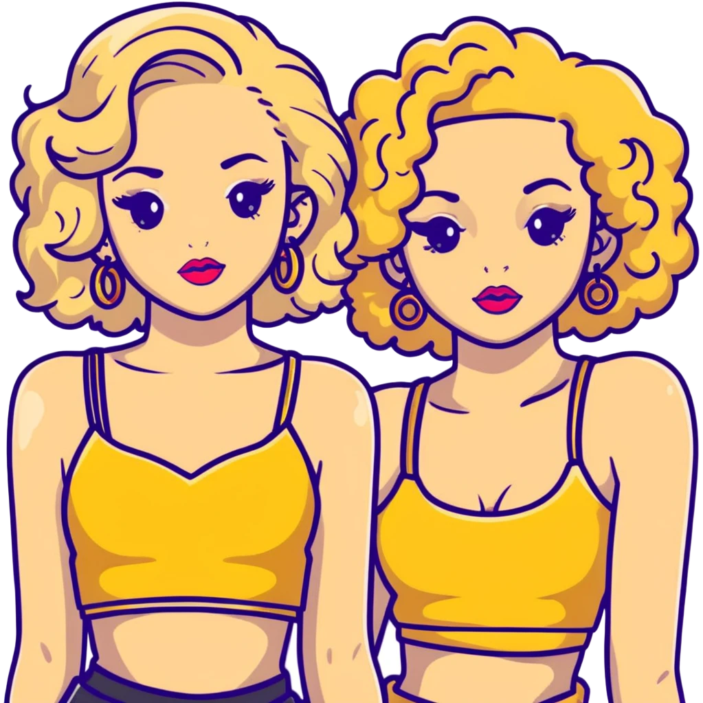 Two teenage girls together, one blonde and one with curly brown hair, both with heavy makeup, big lips, crop tops, gold jewelry and flashy choni style outfits emoji
