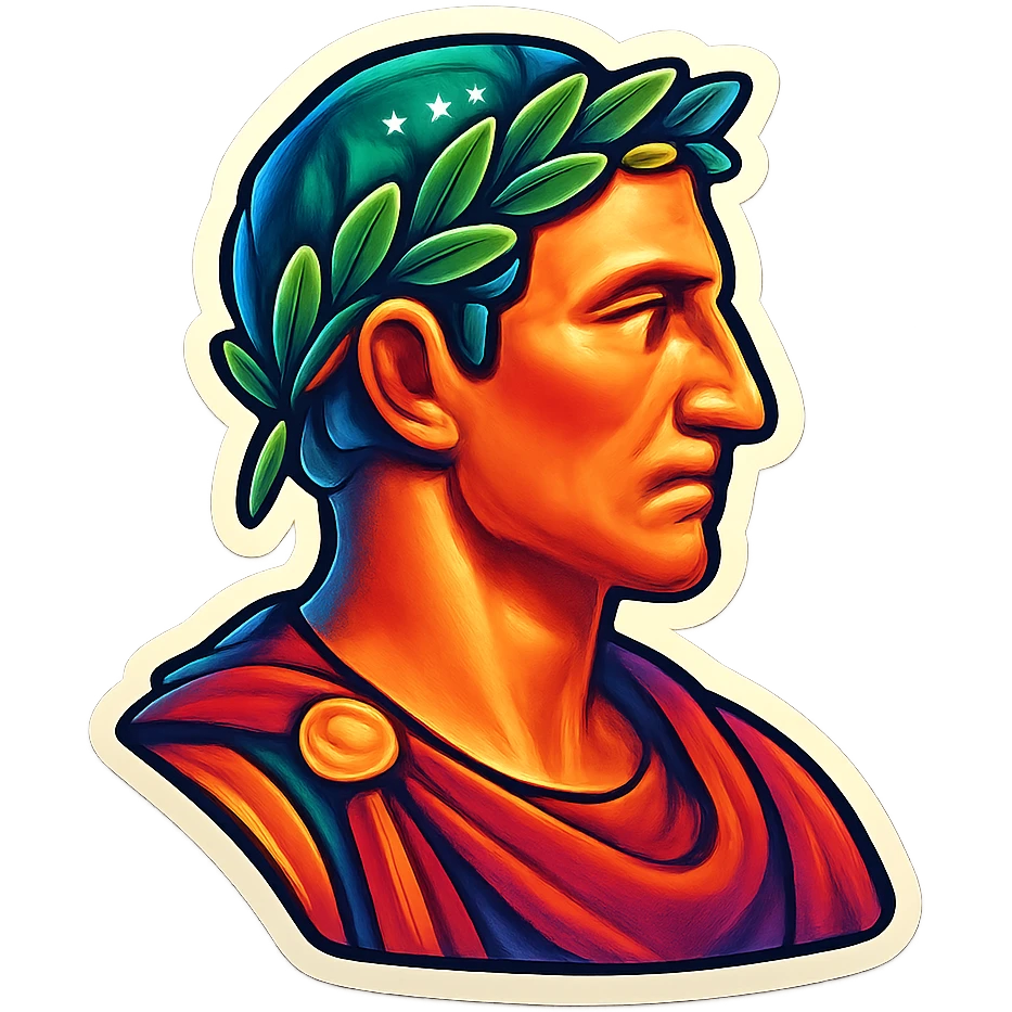Julius Caesar as a retro sticker, side profile, laurel wreath, classic Roman attire, retro sticker style emoji