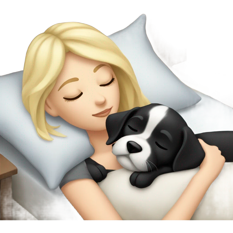 White girl blonde hair sleeping with black puppy emoji