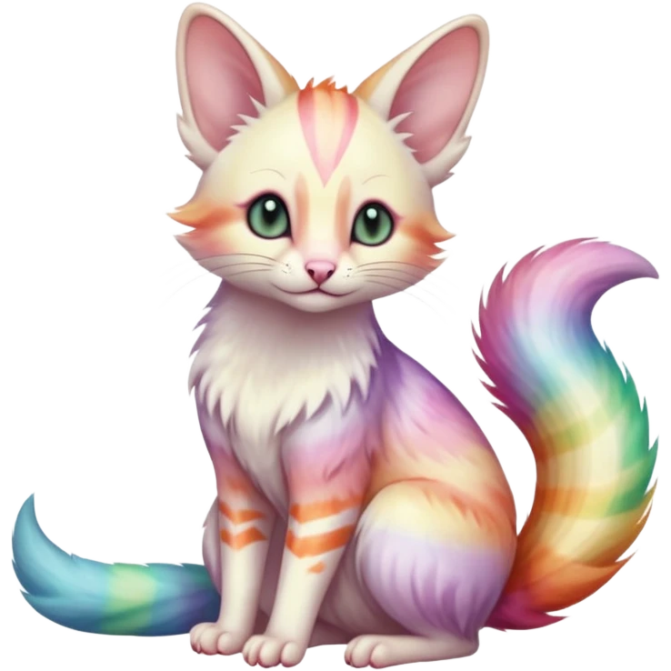  cute adorable pastel-iridescence-gradients albino fur with random colorful iridescent rainbow markings beautiful elegant pretty precious cute  Fakémon-Pokémon-opossum-feline-serval-caracal-chinchilla-Minccino-hybrid-creature with a big fluffy bushy striped tail (full body) emoji
