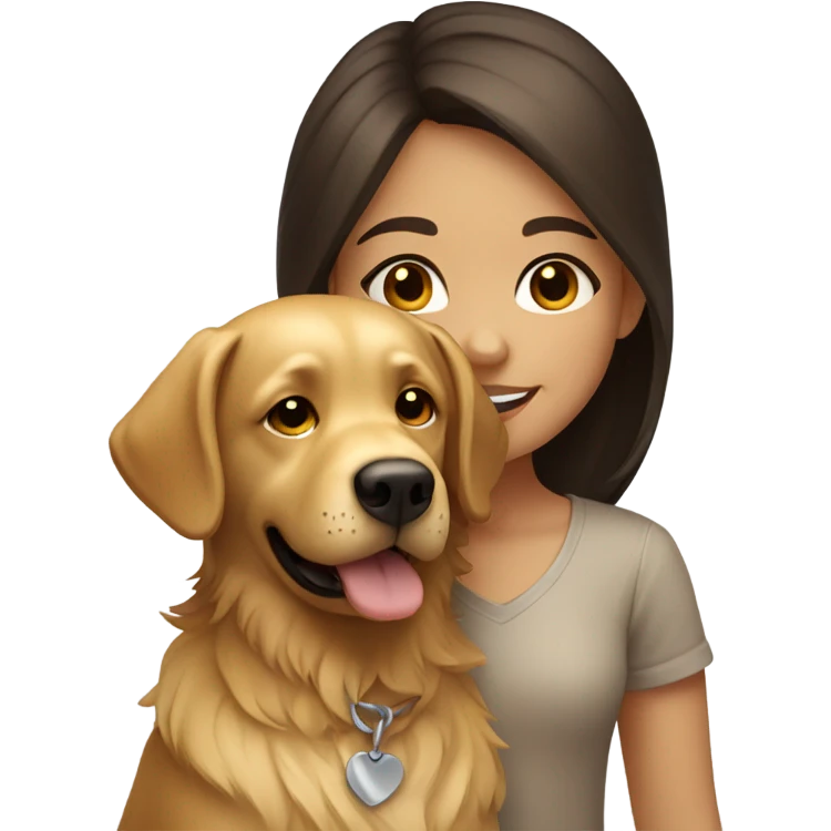 Smiling girl with long dark brown hair and a small shaggy golden Labrador dog with brown eyes emoji