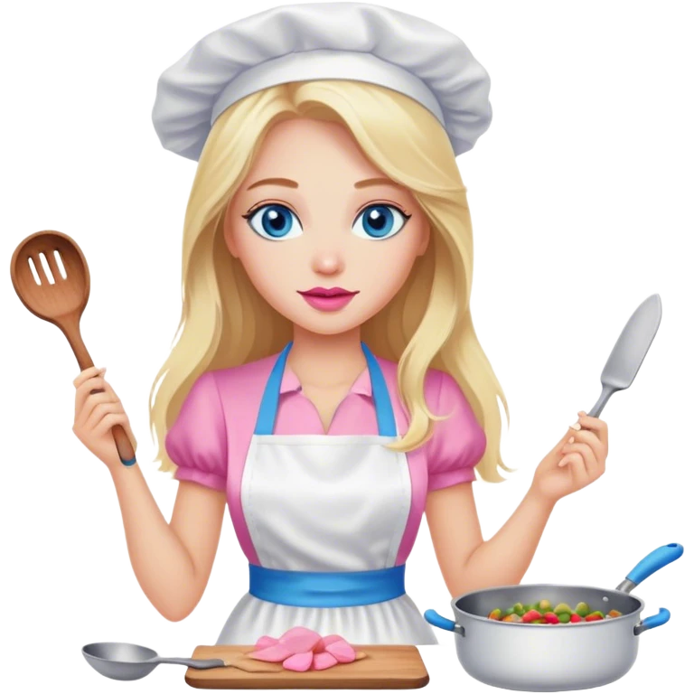 Cinematic realistic beautiful blonde with long hair, blue eyes and pink lips in a white dress cooks emoji