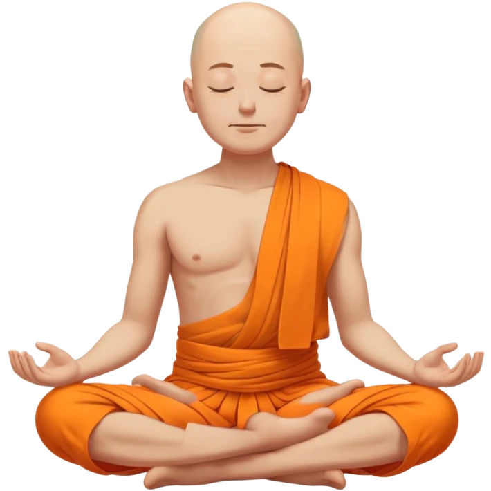 poore enlightened men meditating closed eyes, bold head bare torso, orange dhiti cover legs, poore emoji