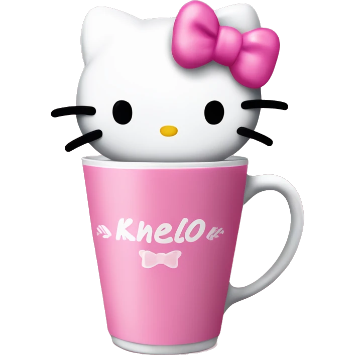 Hello kitty with a pink bow at a all pink coffee shop drinking coffee with a pink bow on the coffe cup￼ emoji