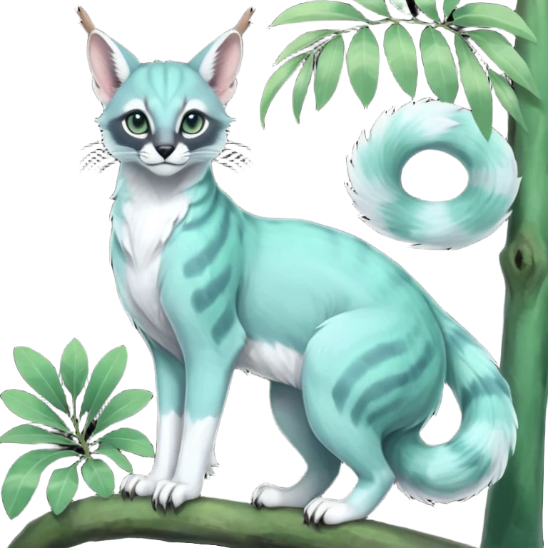 Colorful dark tropical pale light jade-green, mint-blue, whitish pastel white glorious divine exotic cute cool beautiful shiny beautiful fantasy-caracal-civet-genet-sergal-vernid-Gryphon-Cacomistle-Trico-oncilla-animal-Fakémon-hybrid-fursona (full body) emoji