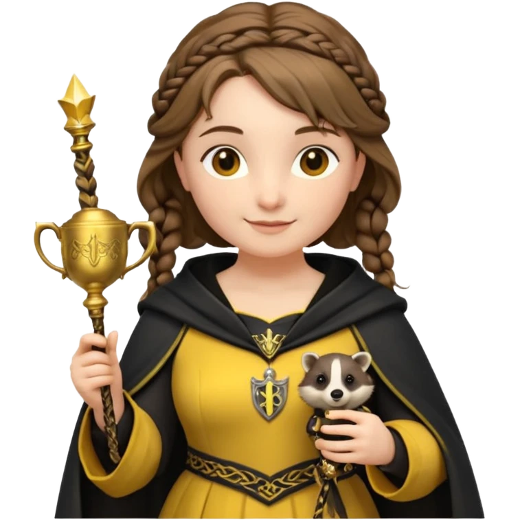 Helga Hufflepuff,the Hogwarts founder of Hufflepuff,brown-haired,2braids,yellow-black medieval dress with black cloak decorated with gold braiding,flickering magic wand and tiny two-handled shiny gold cup engraved with the badger silhouette,very kind smile,curvy busty sweet emoji