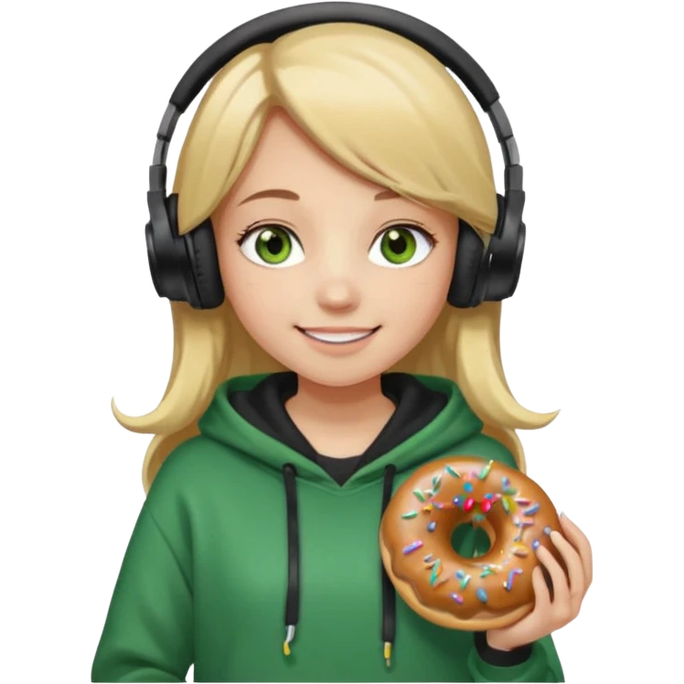 a girl with long brown hair blonde ends green and wearing black headphones she is wearing a cream coulor baggy hoddie she is happyish holding a donut emoji